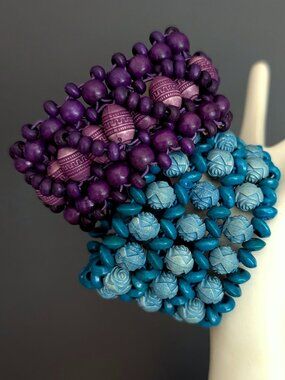 2 stretch bracelets purple and bright blue beaded